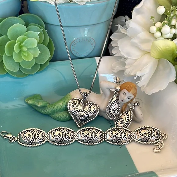 Brighton BIANCA Silver Swirl Scroll Heart Necklace Bracelet Earrings RARE